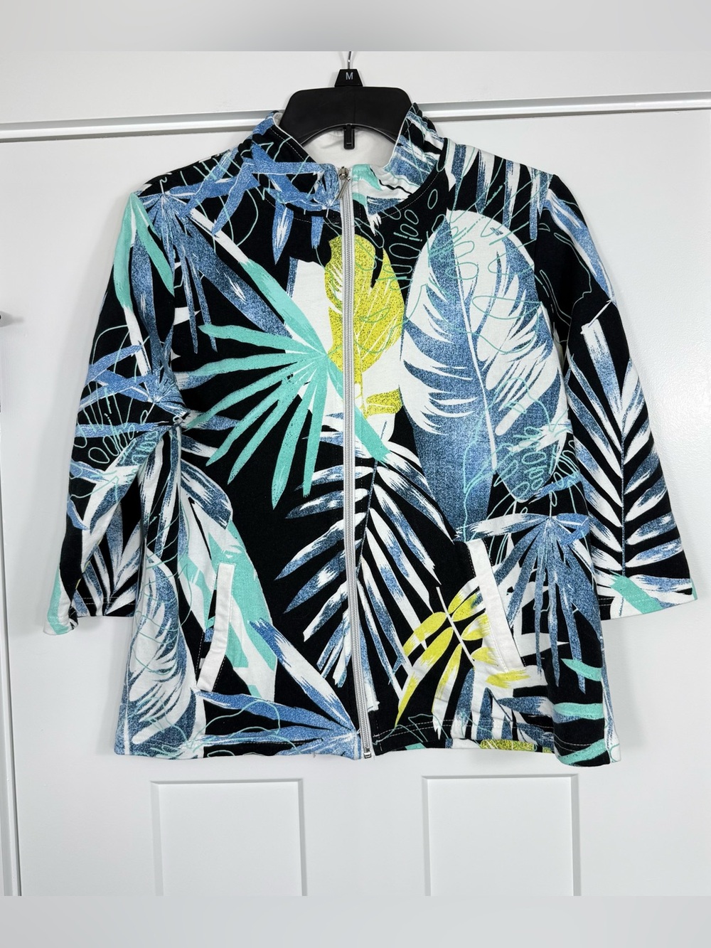 Onque Casual Tropical Palm Leaf Cotton Zip Jacket Black Women Petite Large